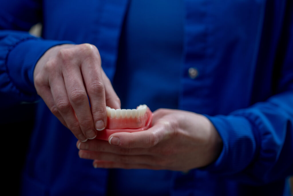 Example of what teeth look like. A person holding an example of dentures.